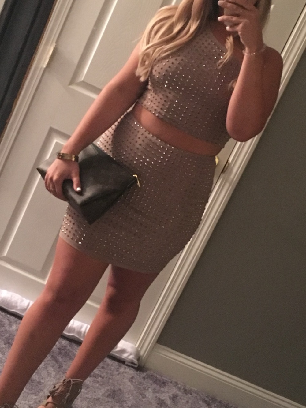 Embellished Taupe Mini Skirt Set Women's Fashion Nova worn once